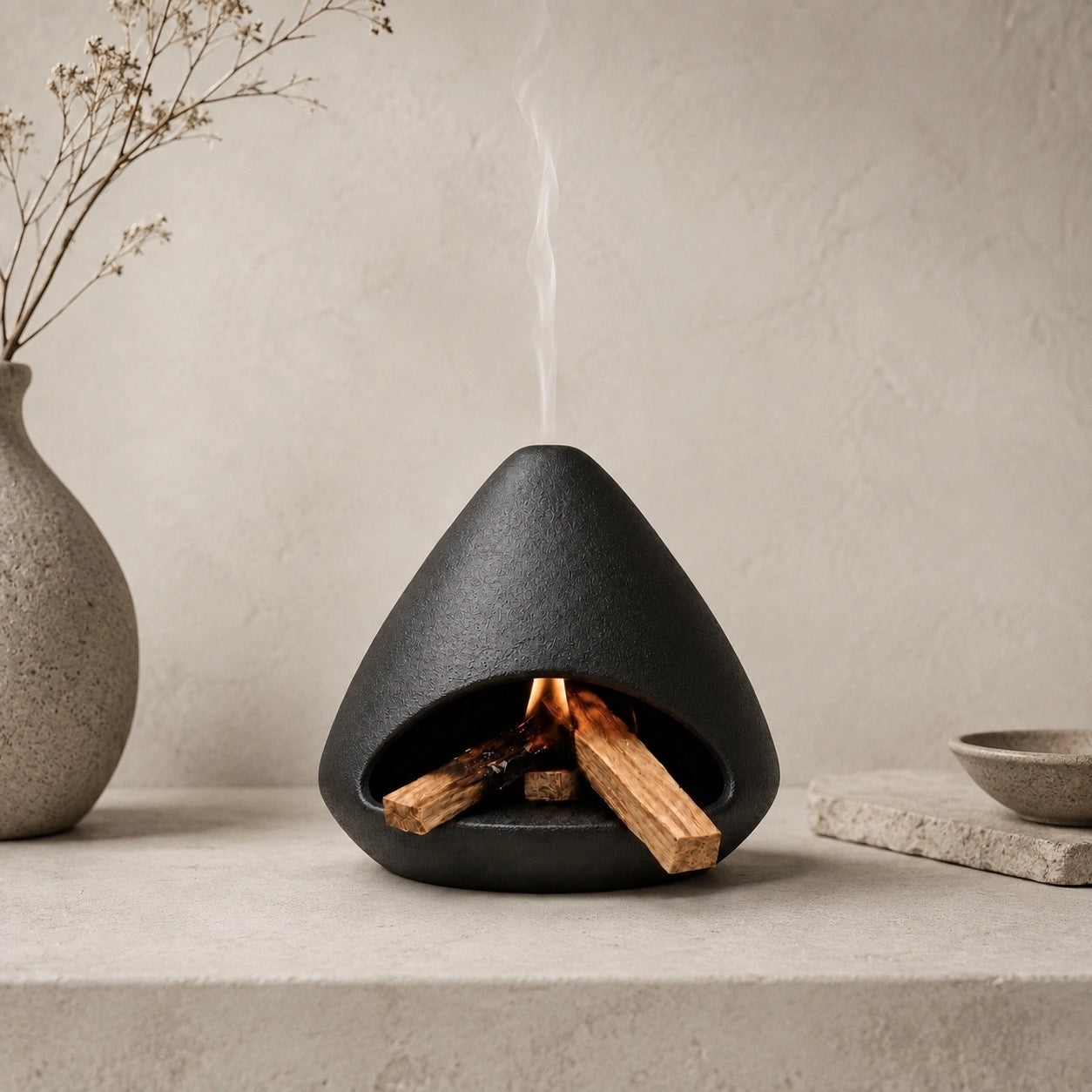 Front view of black ceramic Palo Santo burner with smoke flowing through chimney opening