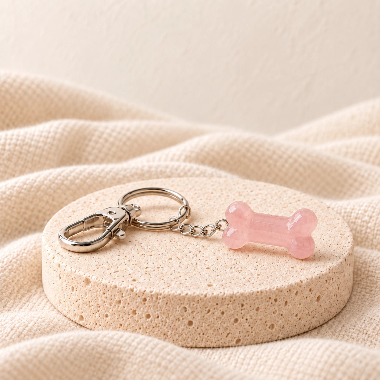 Rose Quartz natural stone pet bone charm with silver keyring on a warm ivory stone display