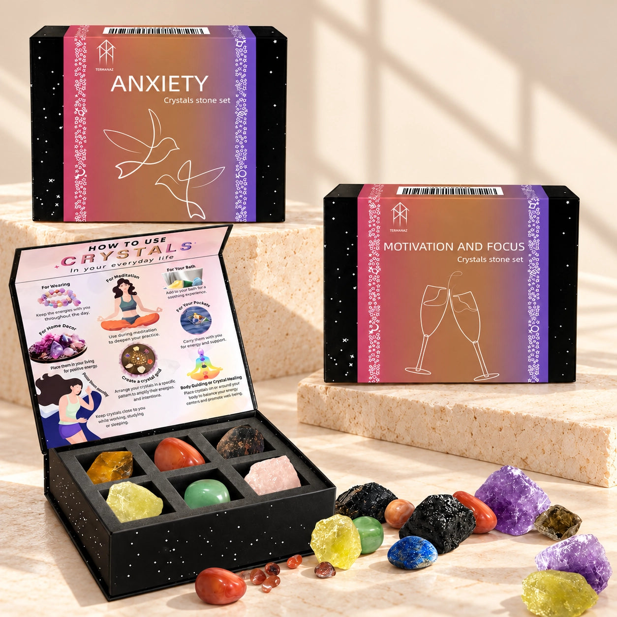Anxiety and Motivation & Focus crystal gift sets with natural gemstones and illustrated guide
