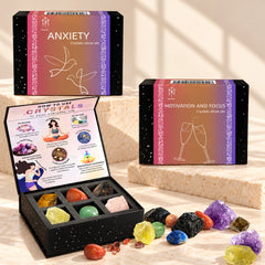 Anxiety and Motivation & Focus crystal gift sets with natural gemstones and illustrated guide