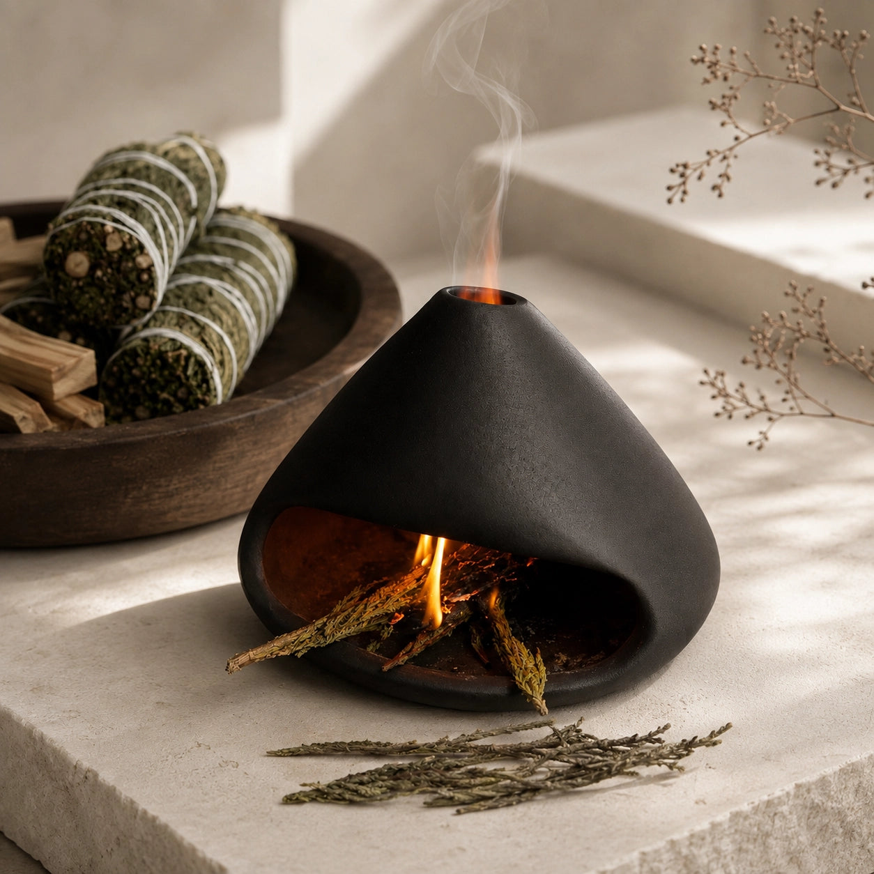 Black chimney-style sage burner with cleansing herbs and smoke in a sunlit ritual space