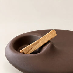 Close-up of a Palo Santo wood stick resting across the curved recess of a matte brown concrete holder