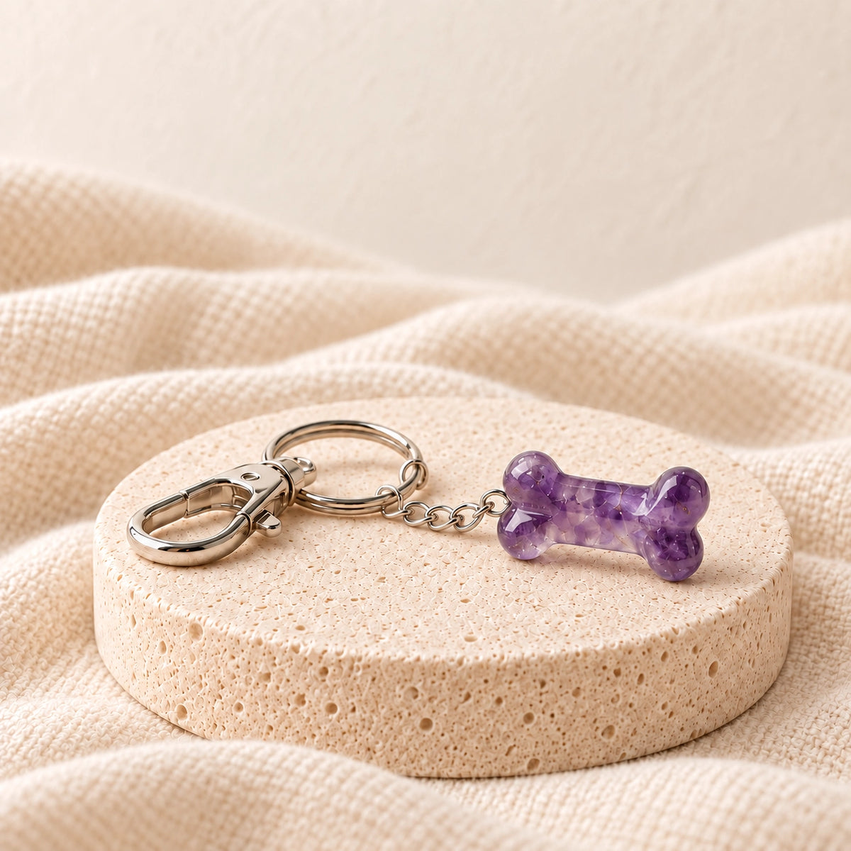 Amethyst natural stone pet bone charm with silver keyring on a warm ivory stone display