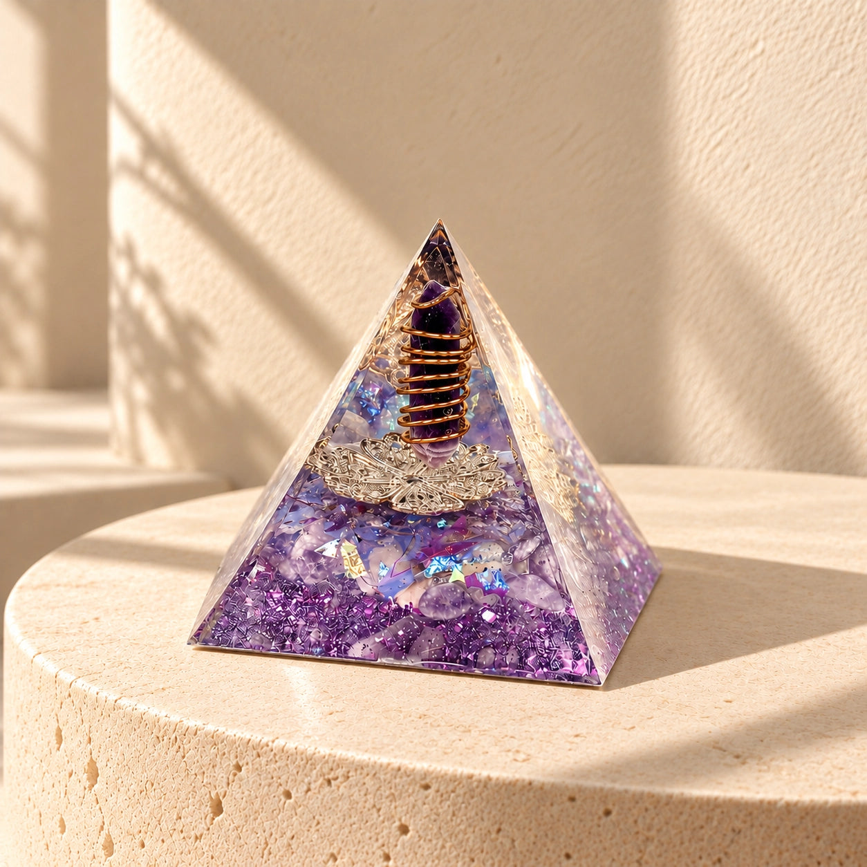 Close-up of amethyst, dried lilac, copper wire and purple foil inside the Family Harmony orgonite pyramid