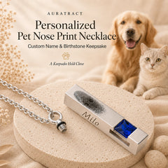 Personalized pet nose print necklace with custom name and blue birthstone displayed beside a happy dog and cat
