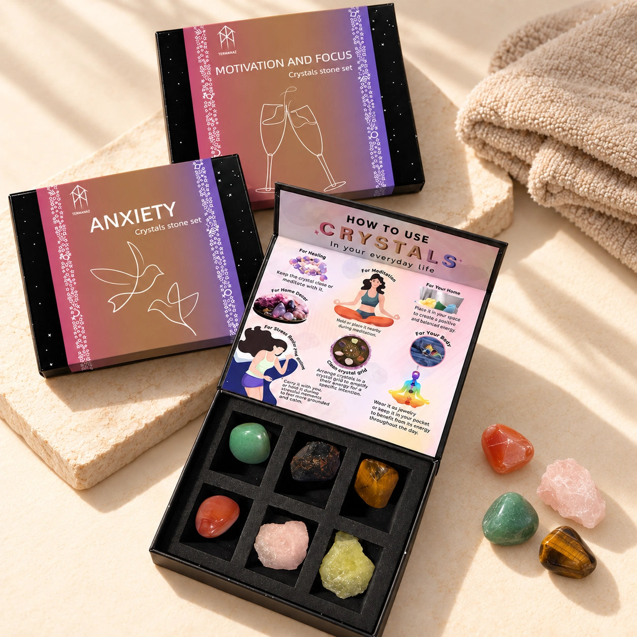Anxiety and Motivation & Focus natural crystal sets displayed with colorful polished and raw stones