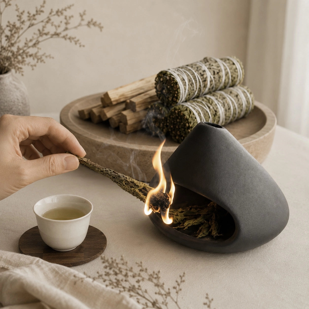 Hand placing a sage bundle into black ceramic cleansing burner beside Palo Santo and tea