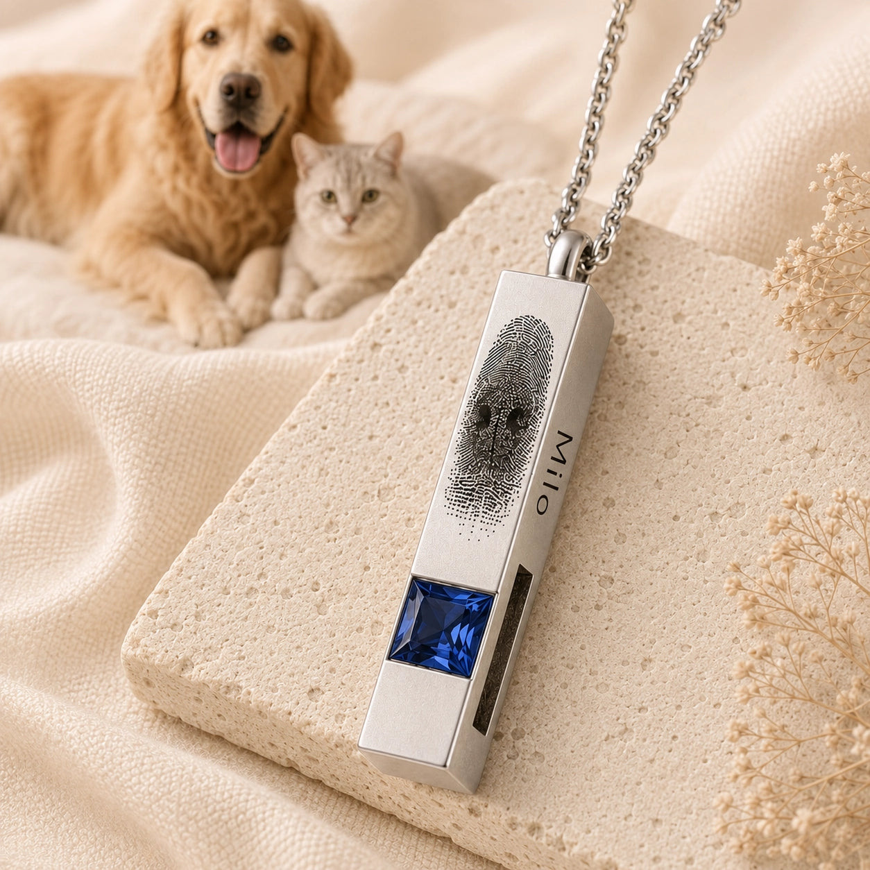 Silver personalized pet nose print necklace with Milo engraving and blue birthstone beside a dog and cat