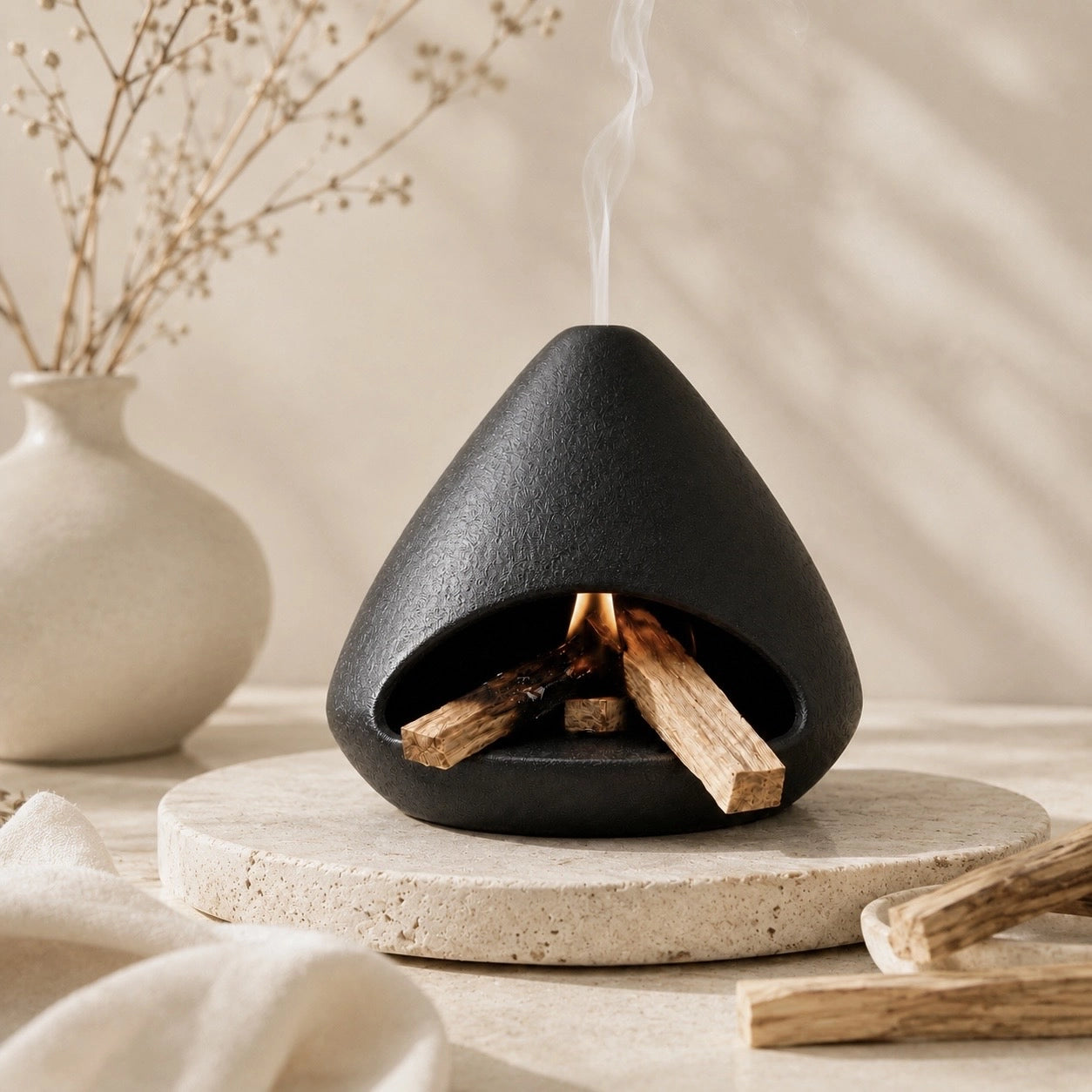Black ceramic chimney smudge holder burning Palo Santo on a stone pedestal