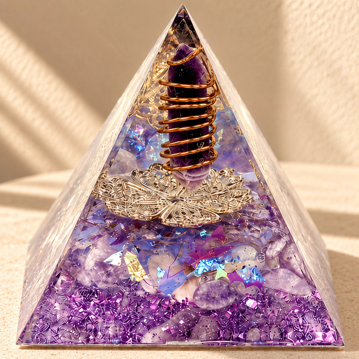 Family Harmony orgonite pyramid with amethyst and dried lilac styled as peaceful home decor