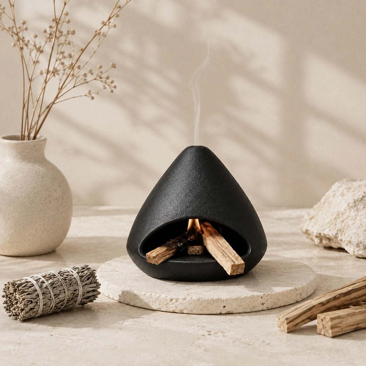 Black chimney-style Palo Santo burner with smoke rising beside sage bundle and wood sticks