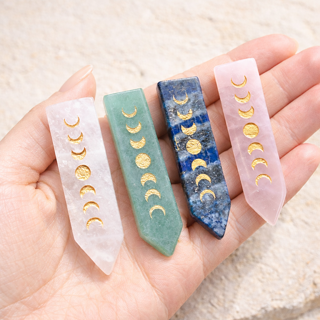 Four crystal wands with gold moon phases on a hand against a beige background