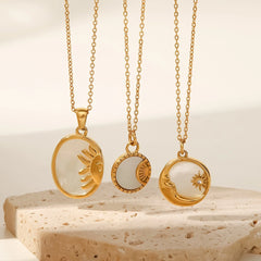 Three Sun and Moon shell necklace styles displayed together