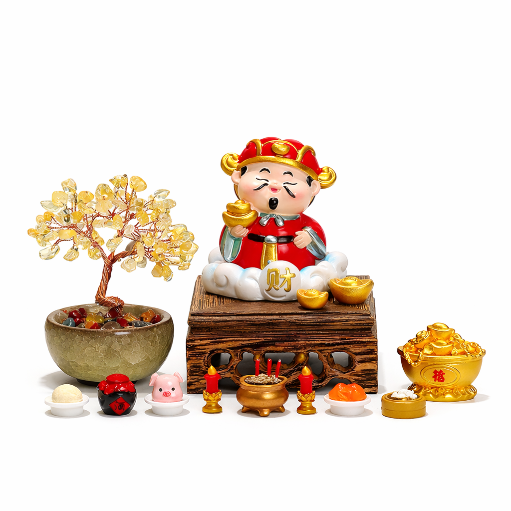 Mini Feng Shui altar set with Caishen (God of Wealth) and crystal tree