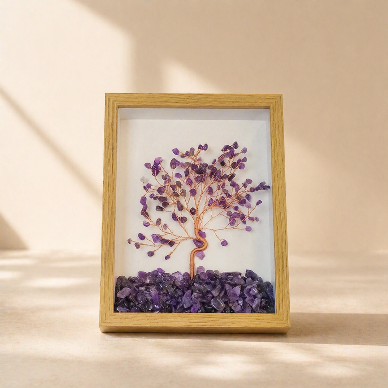 Amethyst crystal tree of life frame decor in a wooden frame for calm, intuition and spiritual harmony