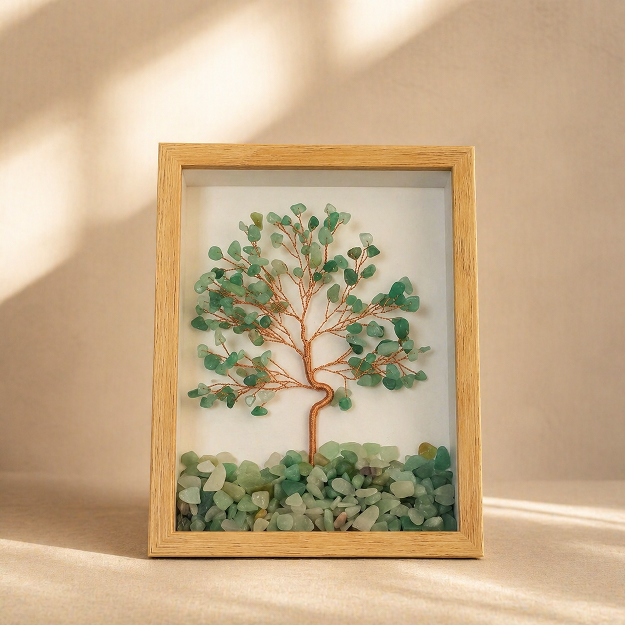 Green aventurine crystal tree of life frame decor in a wooden frame for abundance and harmony