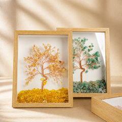 Crystal tree of life frame decor with yellow gemstone tree and green aventurine tree in wooden shadow box frames