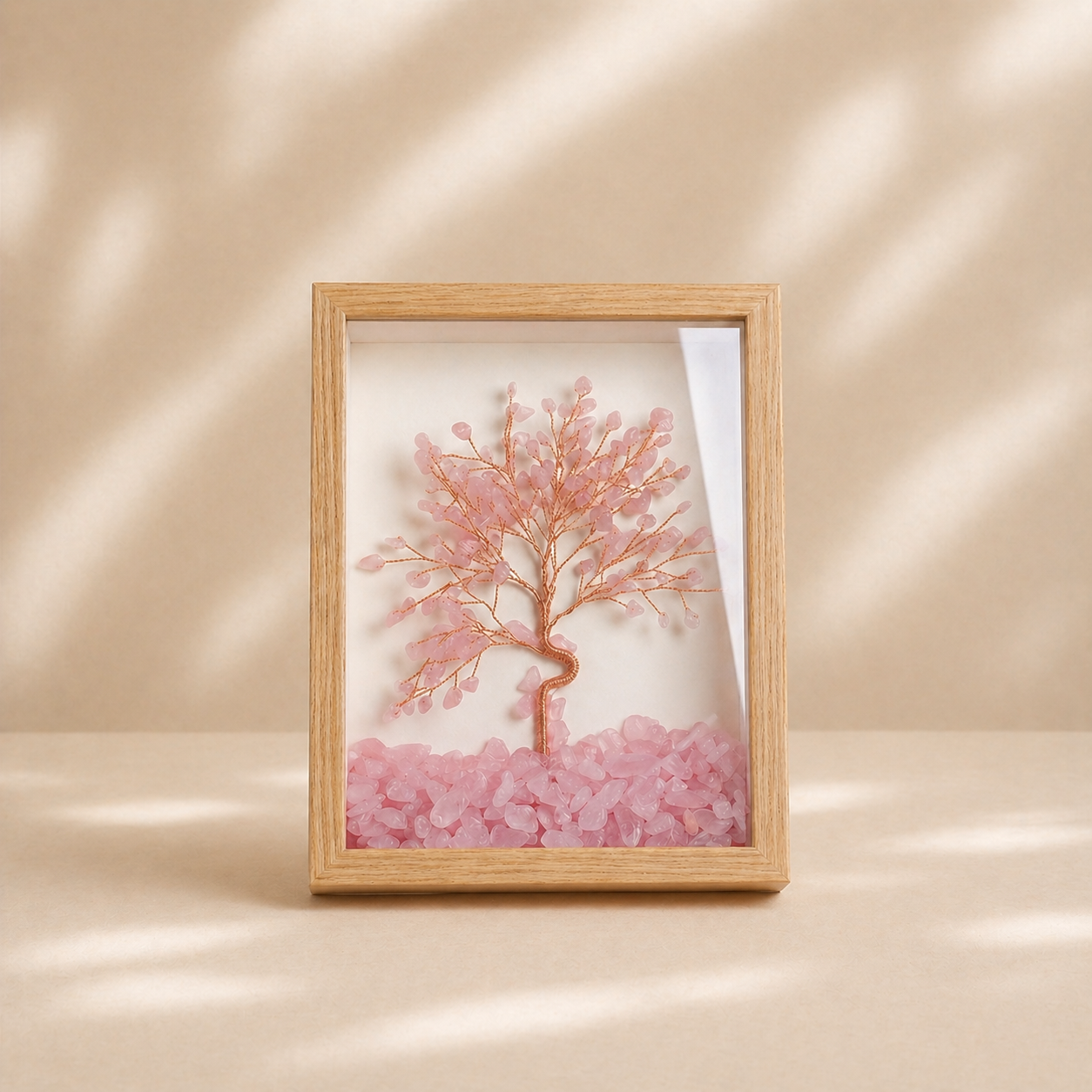 Rose quartz crystal tree of life frame decor in a wooden frame for love, harmony and gentle energy