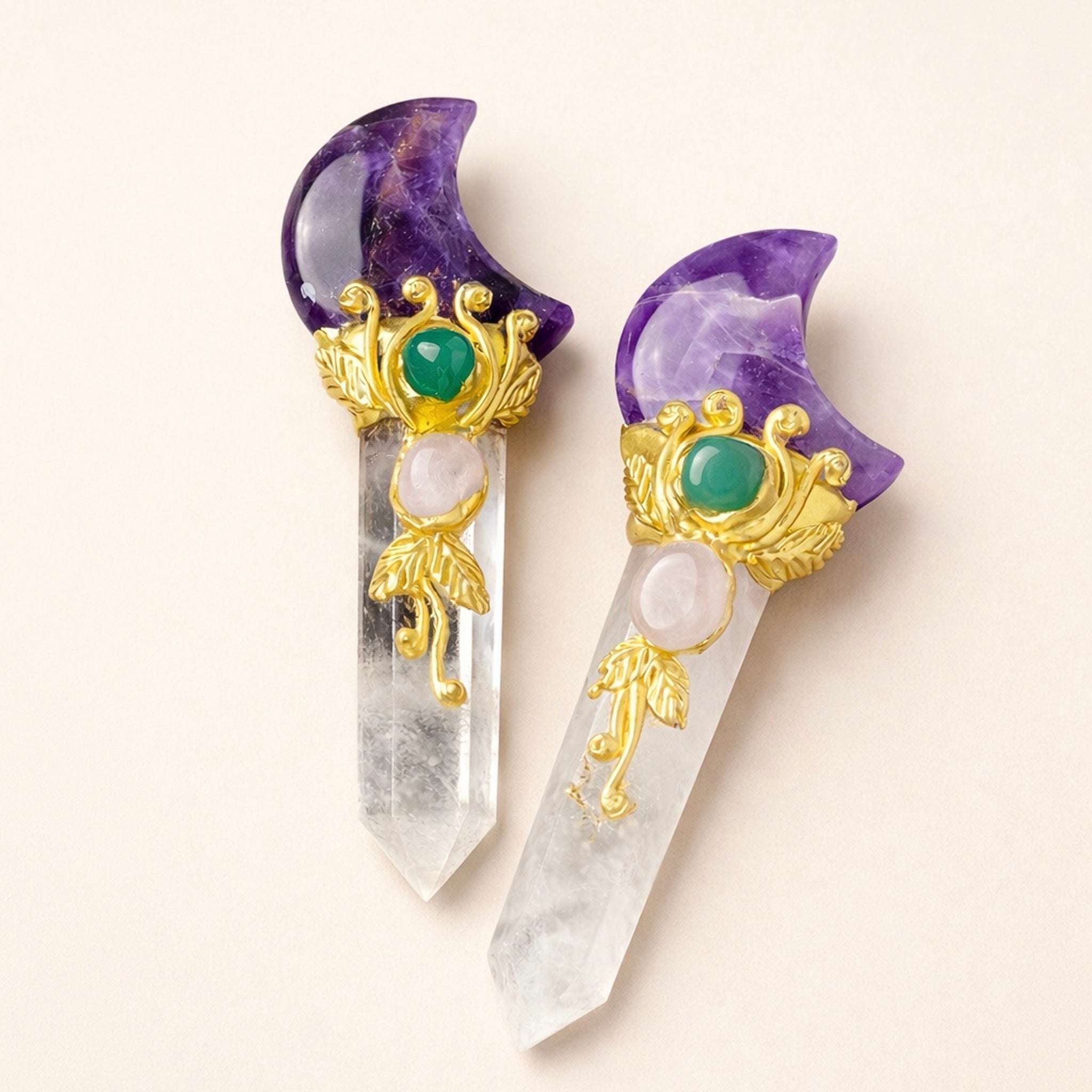 Moon-shaped crystal point with amethyst and clear quartz symbolizing calm, intuition and emotional balance
