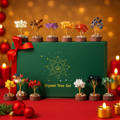 Mini crystal tree set of 12 with gemstone chips on wooden base in gift box