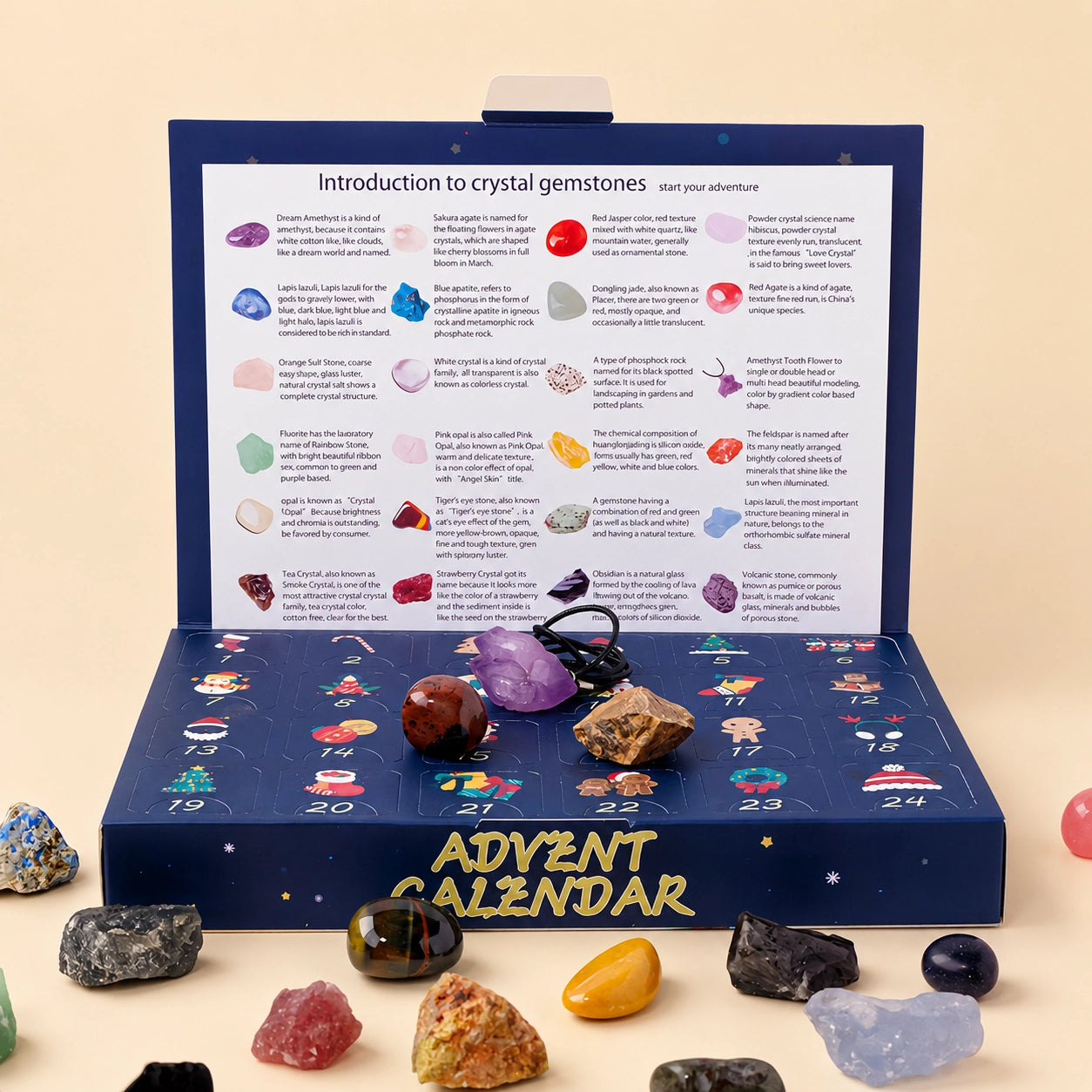 Full view of Christmas crystal advent calendar featuring 24 natural gemstones in holiday countdown format