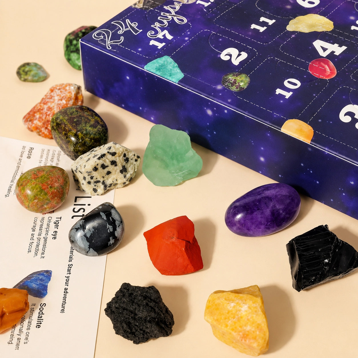Aesthetic crystal advent calendar displayed as holiday gift box for mindful daily crystal discovery experience