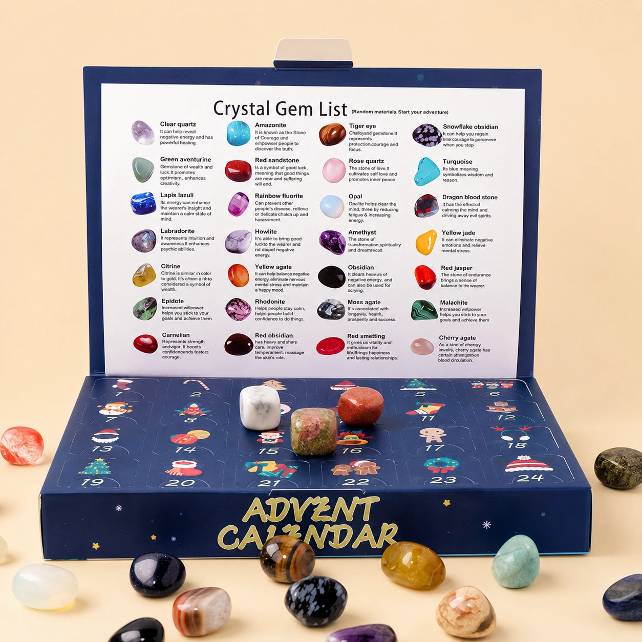 Christmas crystal gift box styled as holiday advent calendar for mindful seasonal discovery experience