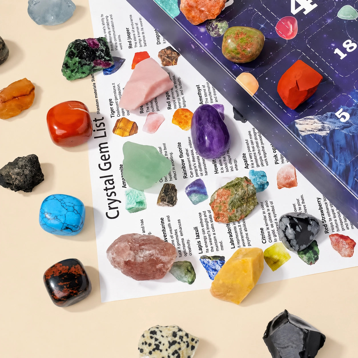 24-day crystal advent calendar box layout with individual gemstone compartments for daily surprise