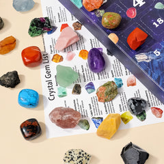 Close up of natural crystals inside galaxy themed advent calendar gift box with daily mystery stones
