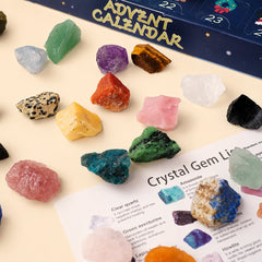 Close up of raw and polished natural crystals inside 24-day advent calendar gift set
