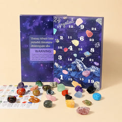 Open crystal advent calendar showing 24 day natural gemstone discovery set in numbered compartments
