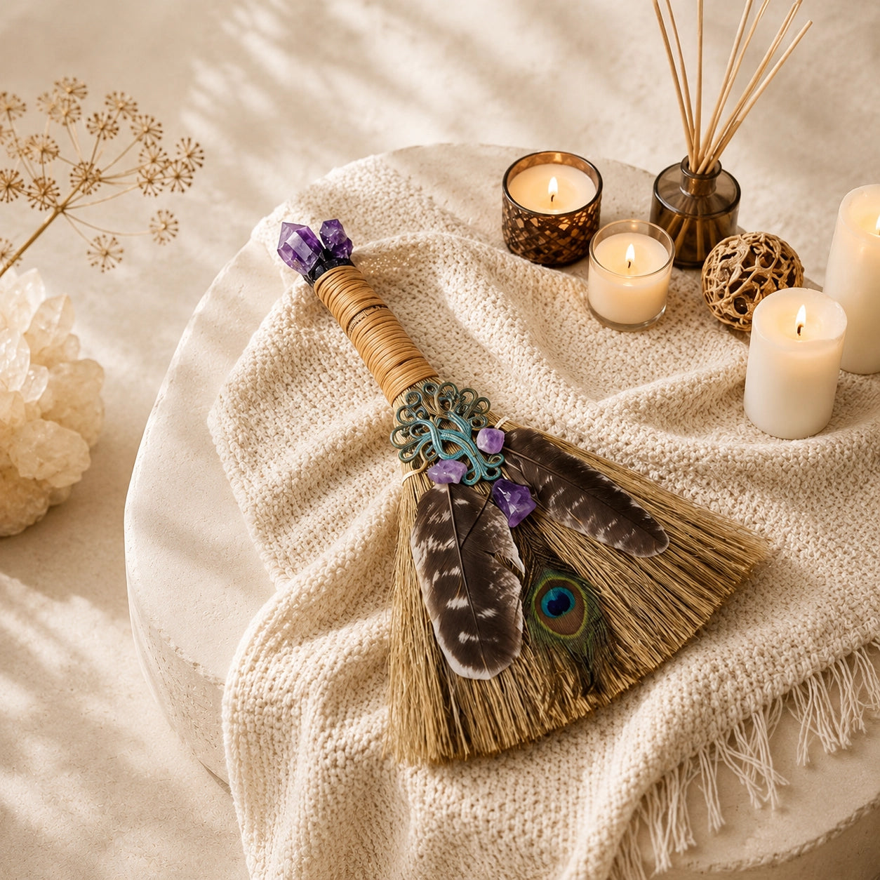Amethyst Peacock Feather Witch Broom styled with candles and crystals for altar decor and sacred space refresh.