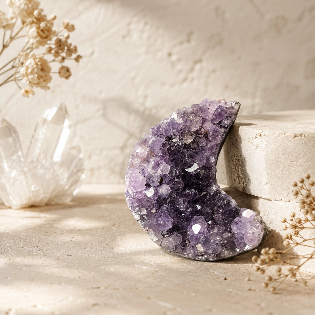 Natural Amethyst Crescent Moon with sparkling purple crystal cluster texture for altar, bedside, or meditation decor.