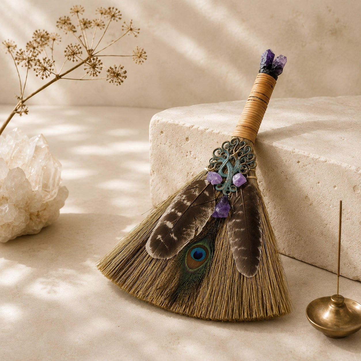 Handmade witch broom with amethyst crystal points, peacock feather details, and natural straw for energy cleansing.