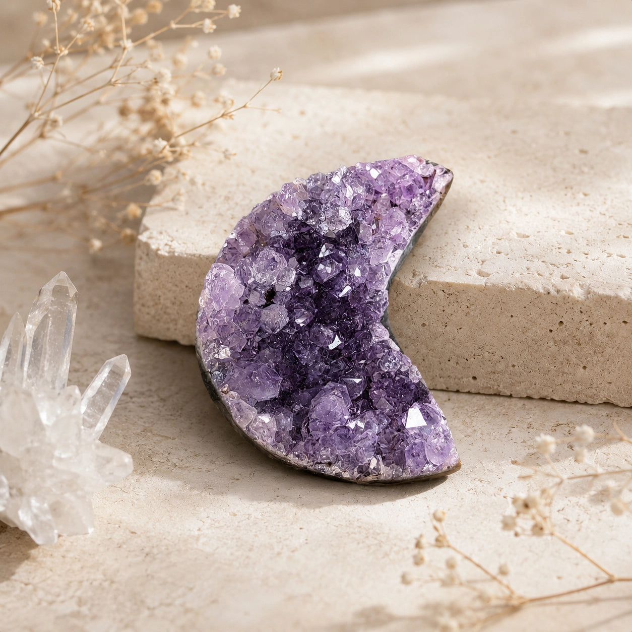 Natural Amethyst Crescent Moon crystal cluster styled with soft neutral decor for calm and new beginnings.