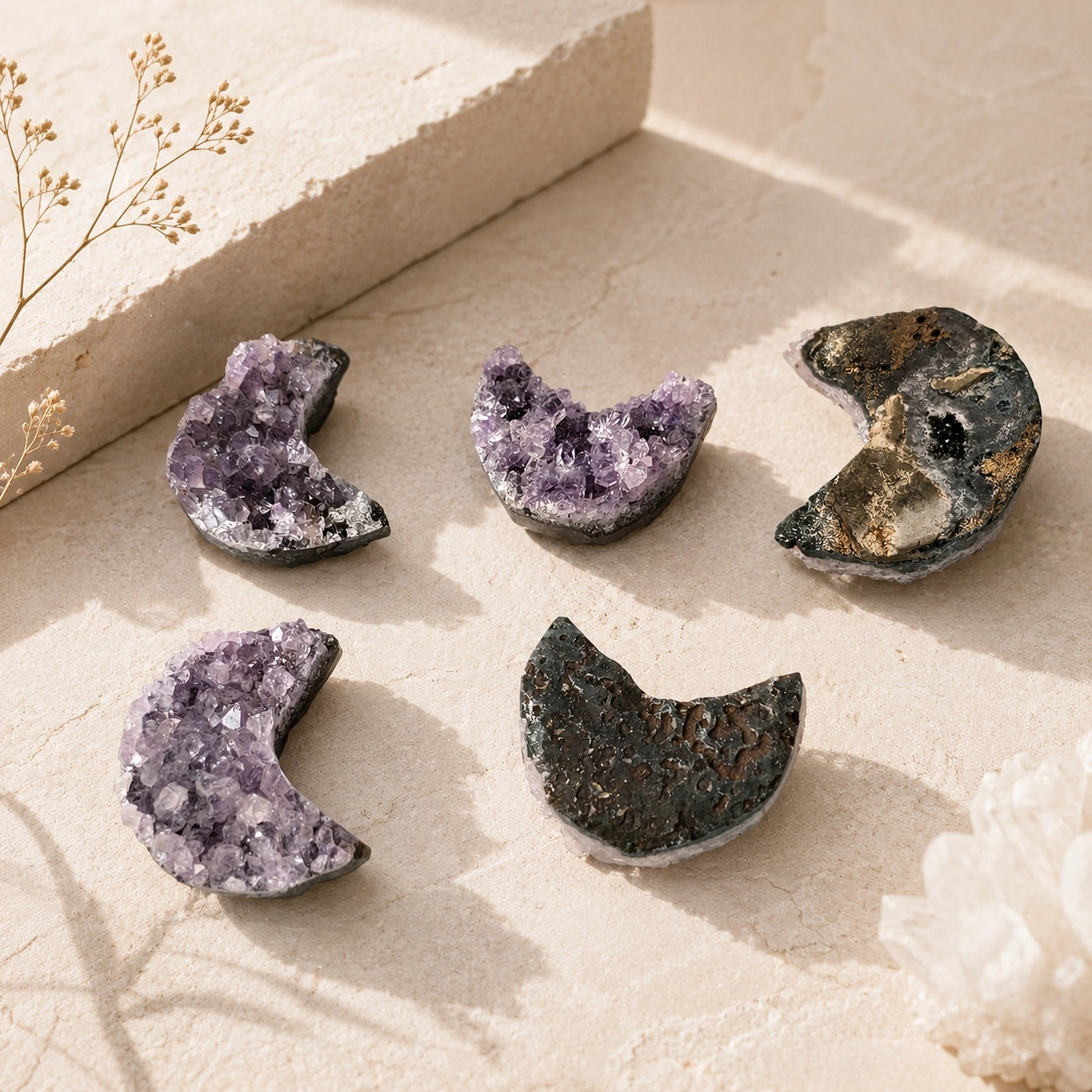 Natural Amethyst Crescent Moon crystal clusters showing varied shapes, raw texture, and purple crystal formations.