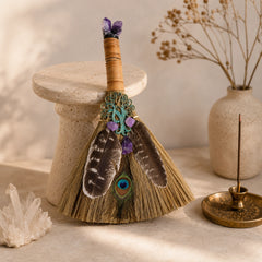 Handmade Amethyst Peacock Feather Witch Broom for protection, intuition, and smoke-free energy cleansing.