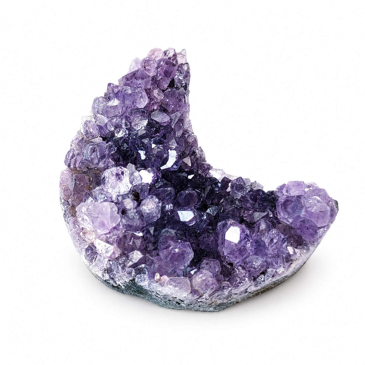 Natural Amethyst Crescent Moon crystal cluster with raw purple texture for calm energy and new beginnings.