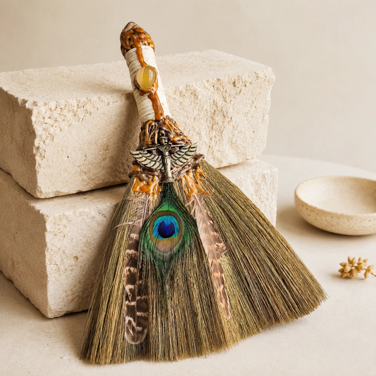 Handmade Peacock Feather Witch Broom with natural crystal, bronze-tone charm, peacock feather, and straw bristles.