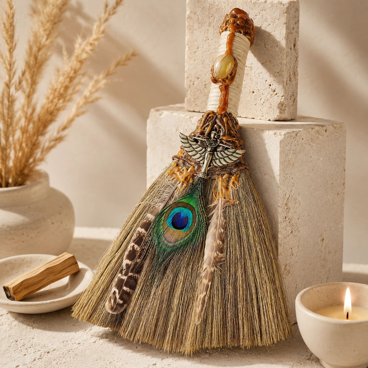 Handmade Peacock Feather Witch Broom styled with Palo Santo, candle, and natural decor for energy cleansing rituals.