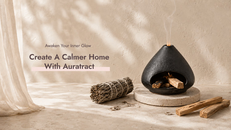 Black ceramic Palo Santo and sage burner with a sage bundle and Palo Santo sticks in a warm, calming home setting.