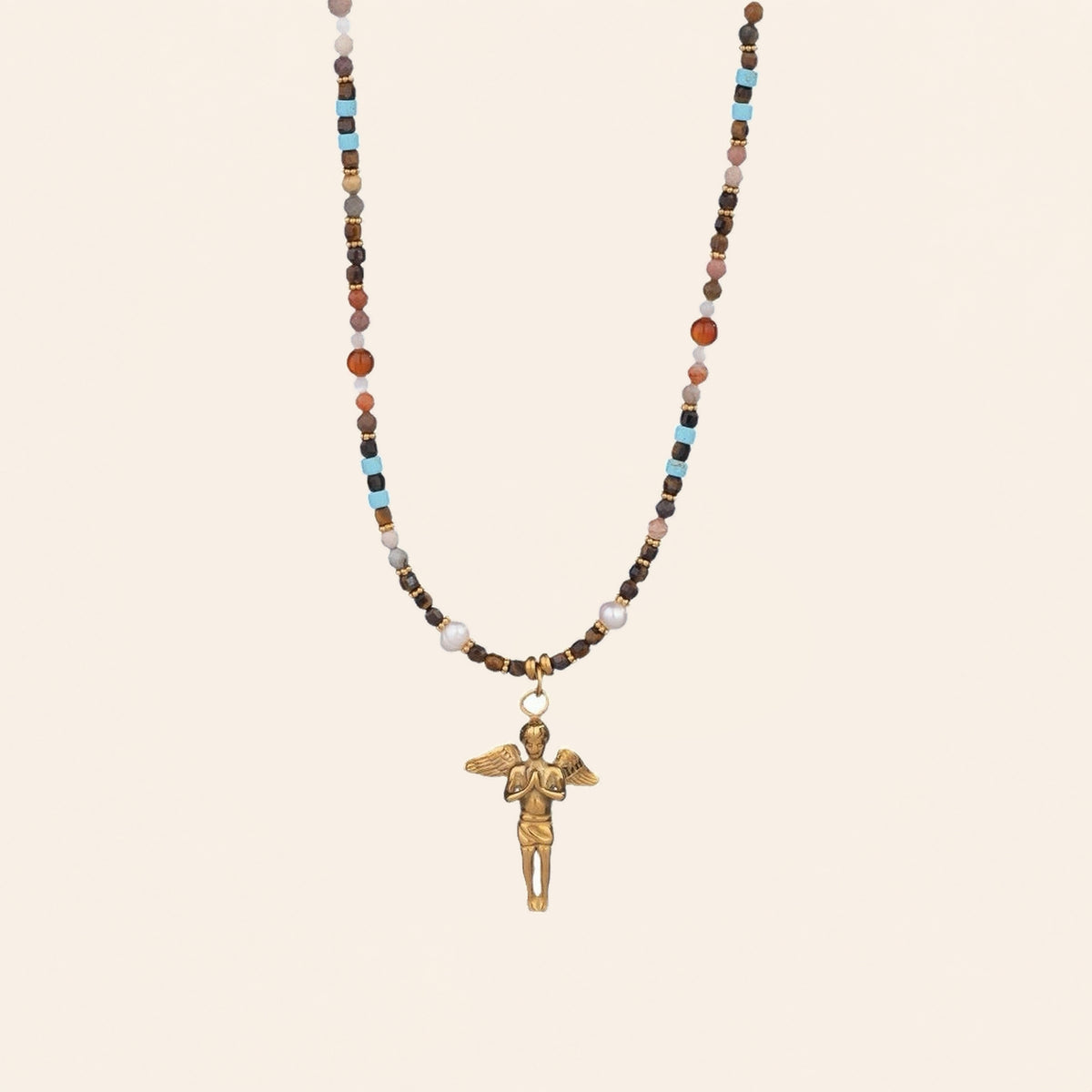 Angel gemstone necklace with gold guardian charm and multicolor natural stone beads