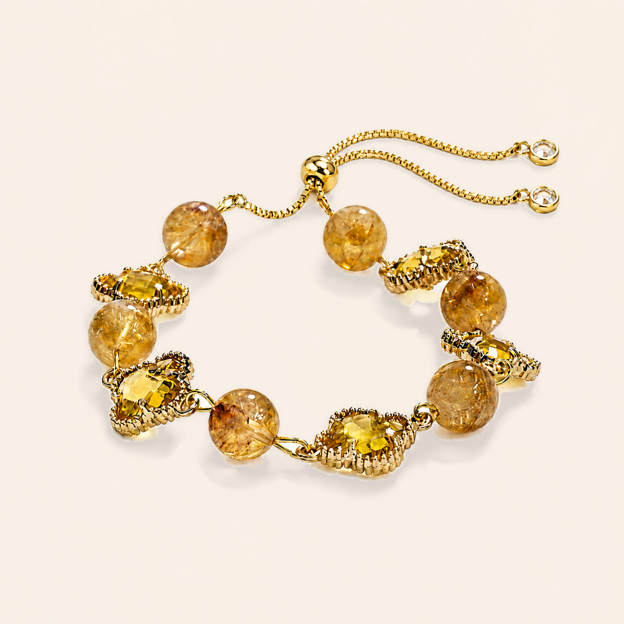 Natural citrine clover bracelet with polished yellow citrine beads and gold-tone four-leaf clover accents