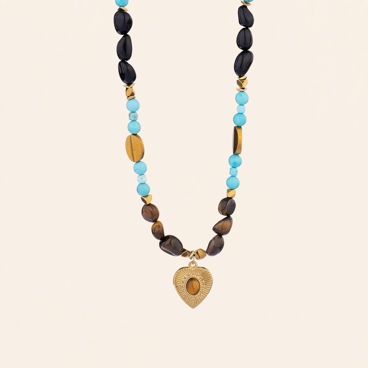 Boho layered healing crystal necklace with tiger eye heart pendant for protection and self-love