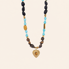 Boho layered healing crystal necklace with tiger eye heart pendant for protection and self-love