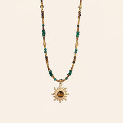 Sunflower crystal necklace with Tiger’s Eye and Lapis Lazuli inspired design for protection and inner peace