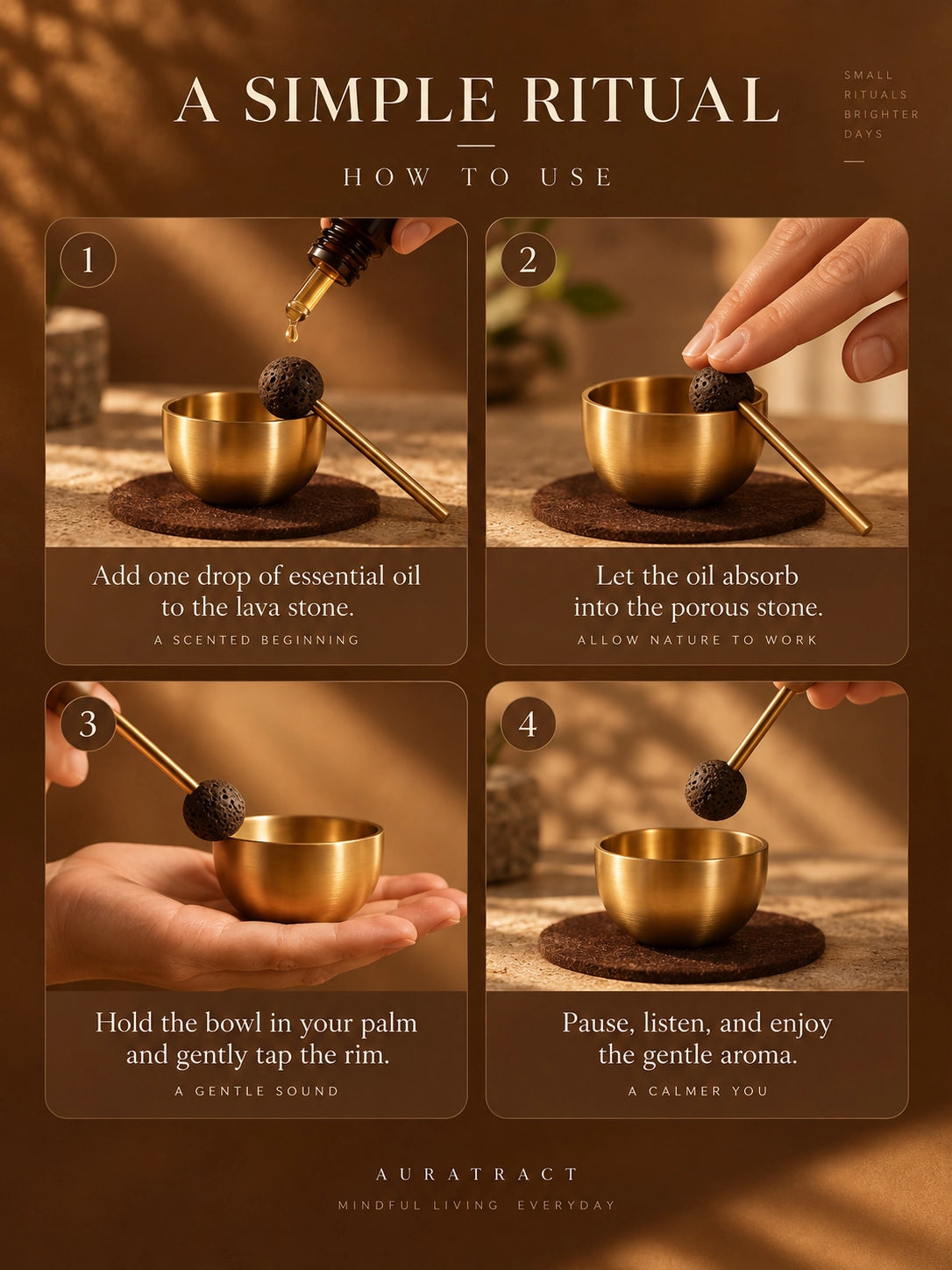 How to use the mini aromatherapy singing bowl set with essential oil, lava stone striker and brass bowl