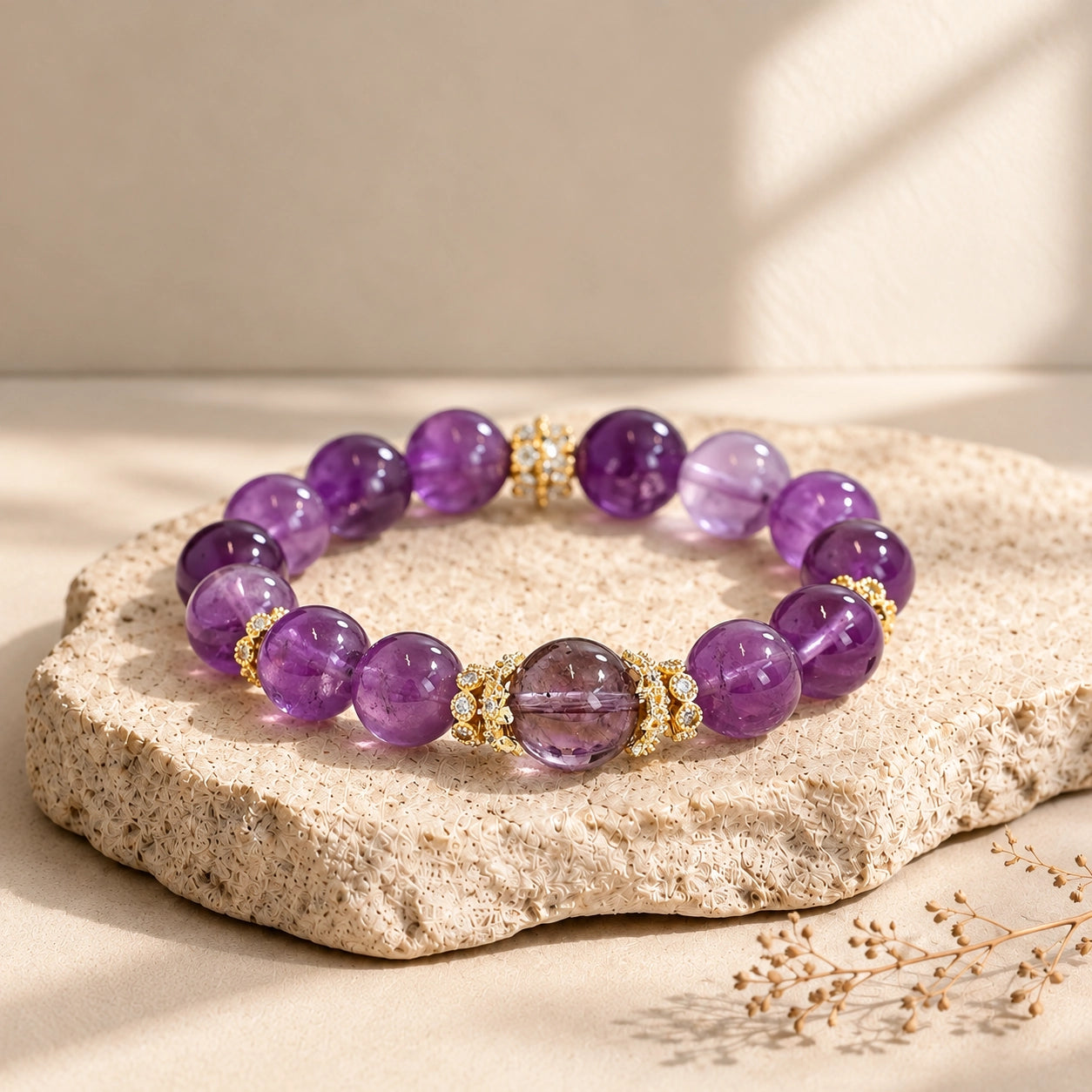 Uruguayan amethyst crystal bracelet styled as jewelry, showing polished violet beads and decorative gold-tone details