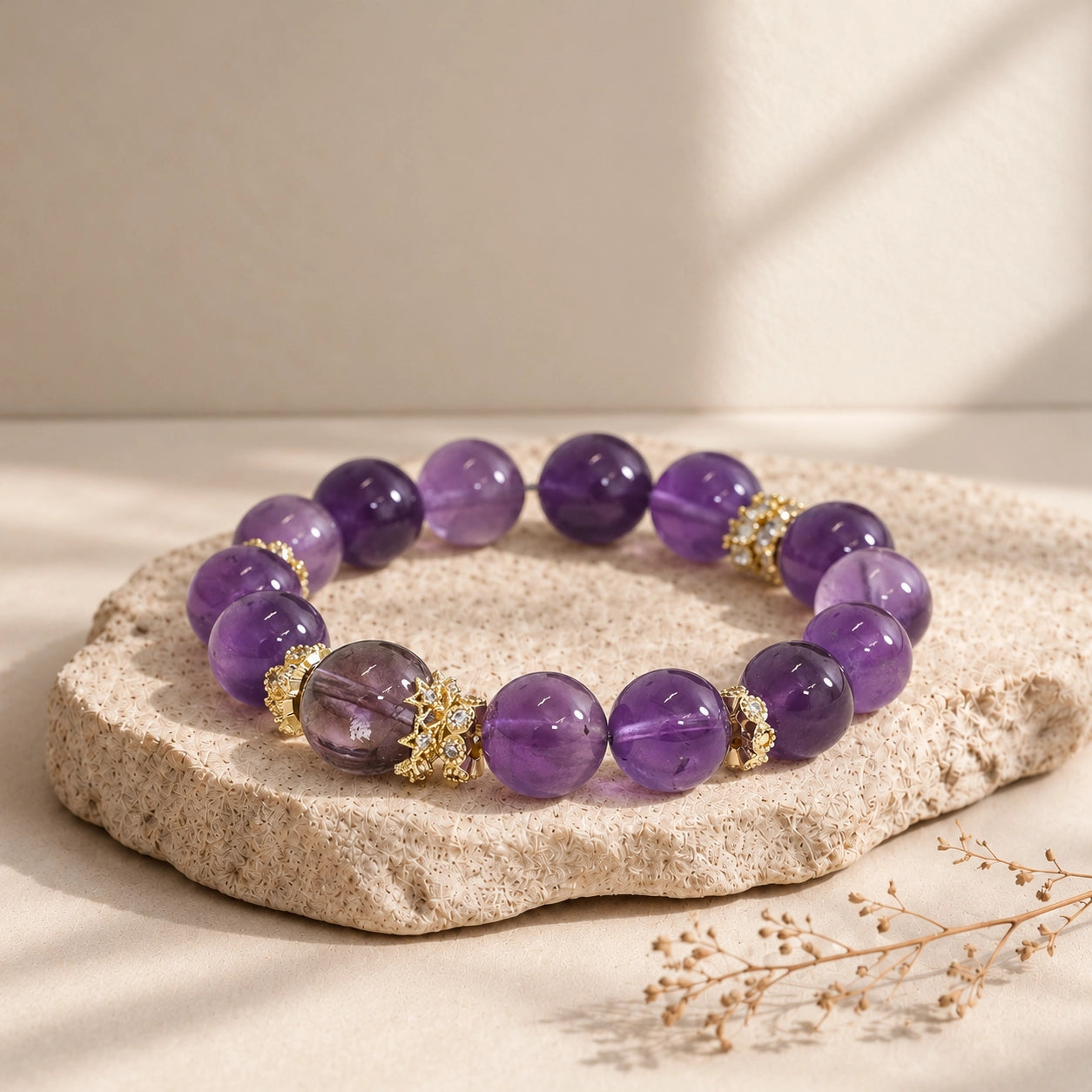 Natural Uruguayan amethyst beaded bracelet in a styled product scene, highlighting the contrasting center bead