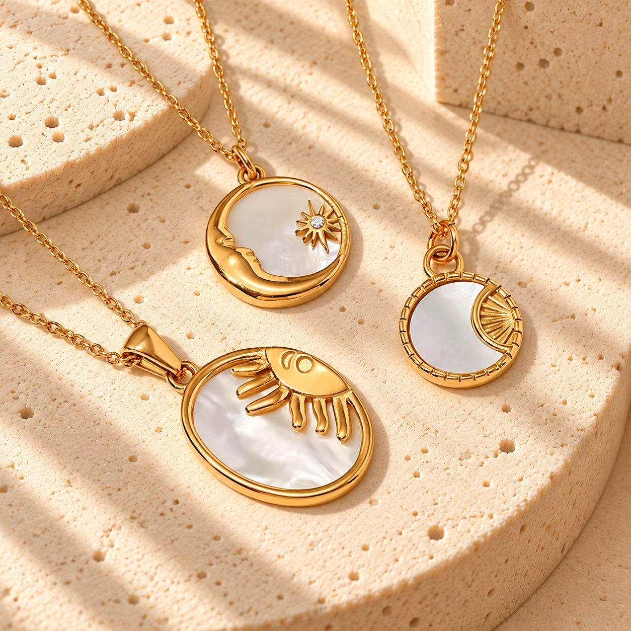 Sun and moon inspired shell pendant necklace with a gold-tone setting and pearlescent natural shell inlay